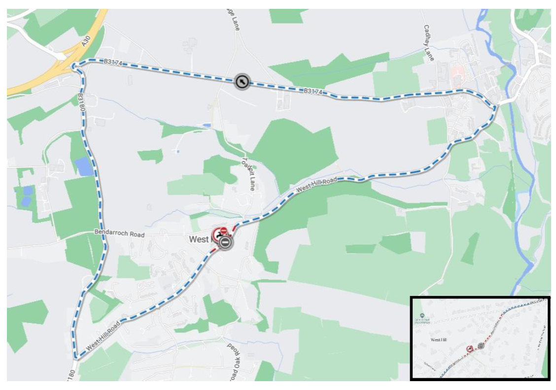 Map of alternative route via B3180 + B3174